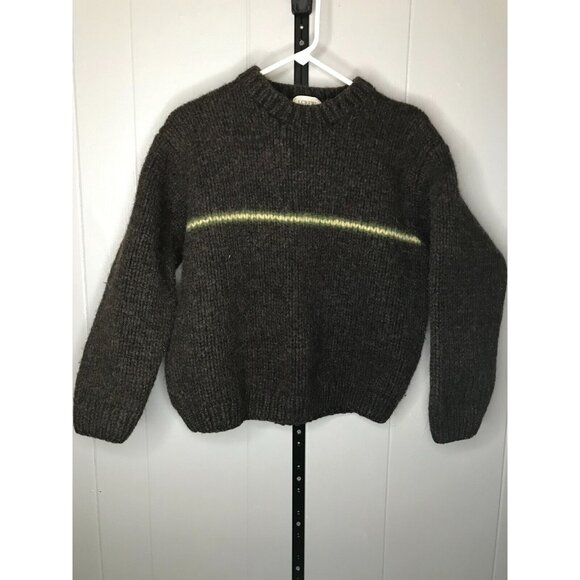 Vintage 90s J Crew Brown 100% Wool Handknit Chunky Knit Stripe Sweater Mens LG - Picture 1 of 6